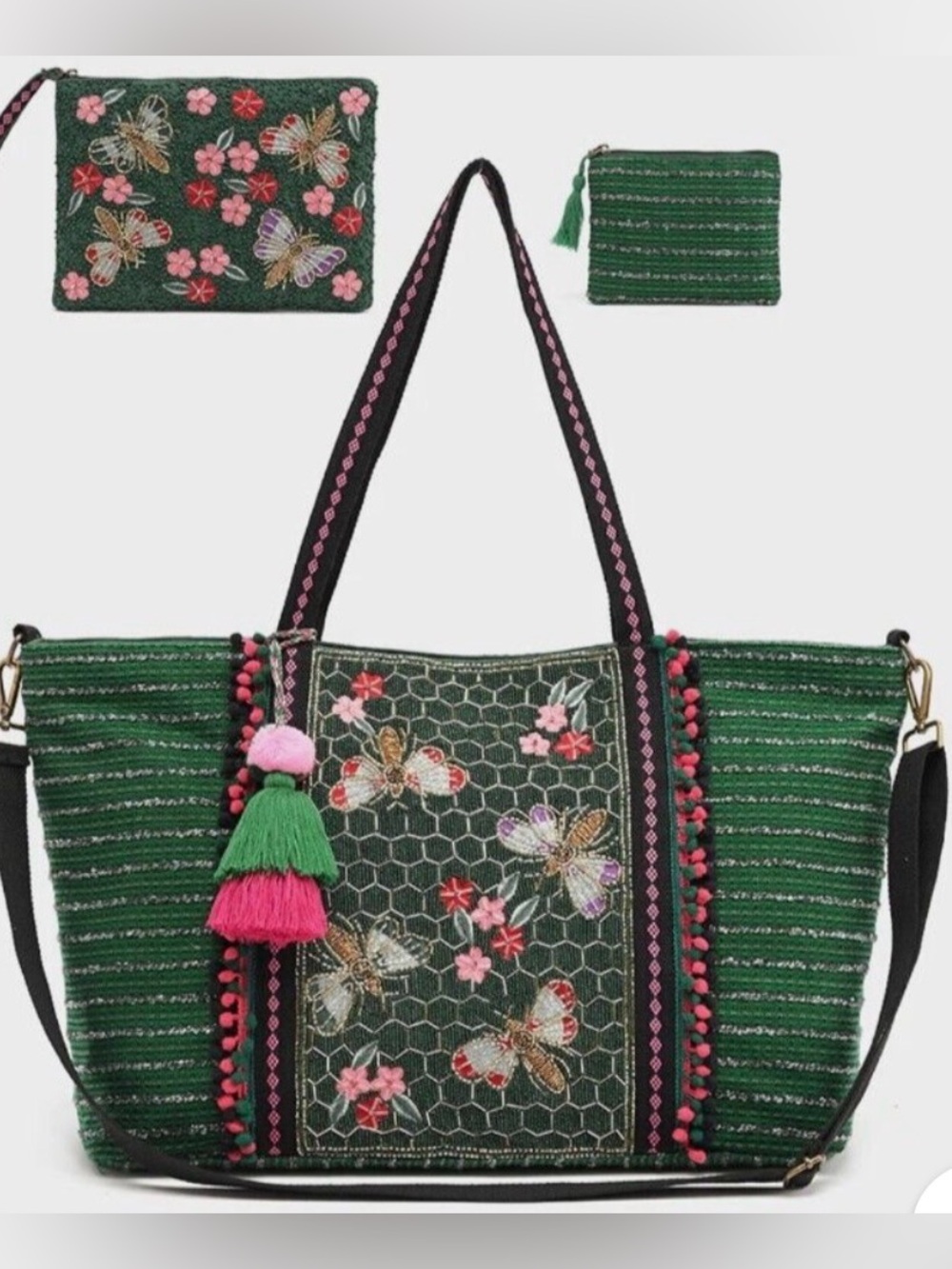 America and beyond Green Striped Embroidered Tote with sequence & Pom Trim